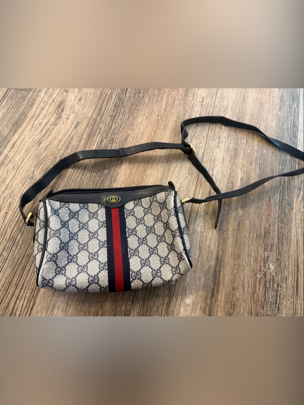 Gucci Beige GG Canvas Crossbody with Blue and Red Web
